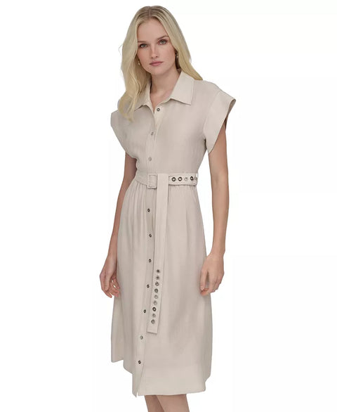 DKNY Women's Beige Spread-Collar Button-Front Tie-Waist Dress | DKNY In Lebanon