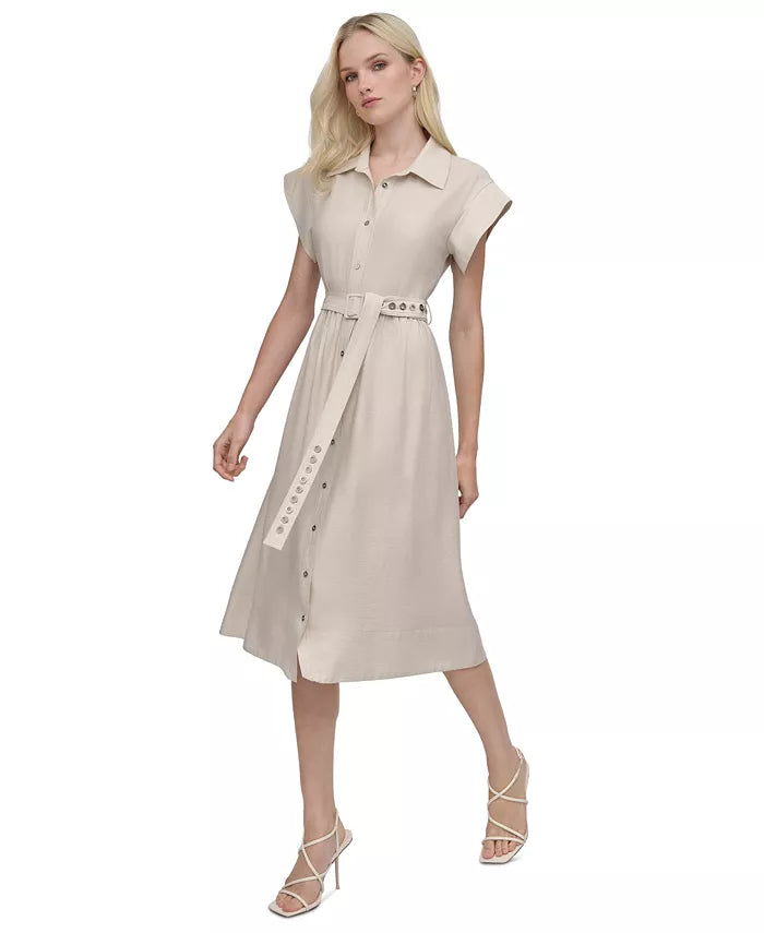 DKNY Women's Beige Spread-Collar Button-Front Tie-Waist Dress | DKNY In Lebanon