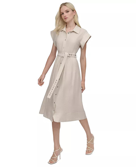 DKNY Women's Beige Spread-Collar Button-Front Tie-Waist Dress | DKNY In Lebanon