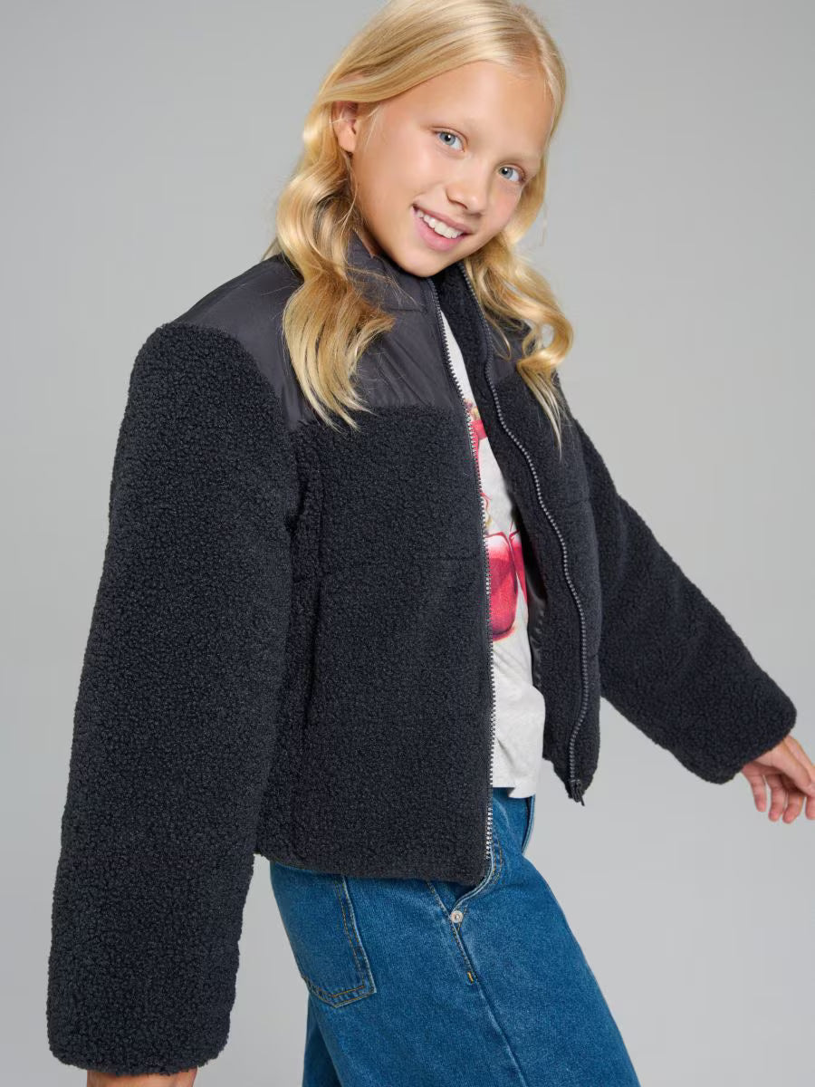 Sinsay Girl's Black Sherpa Fleece Colorblock Zip-Up Jacket