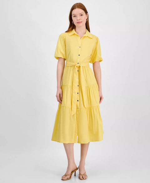 Tahari Women's Yellow Puff-Sleeve Belted Tiered Shirtdress | Tahari In Lebanon