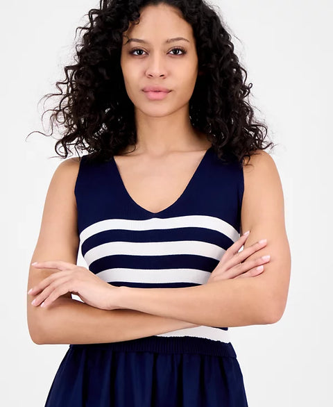 Taylor Women's Navy V-Neck Sleeveless Mixed-Media Dress | Taylor In Lebanon