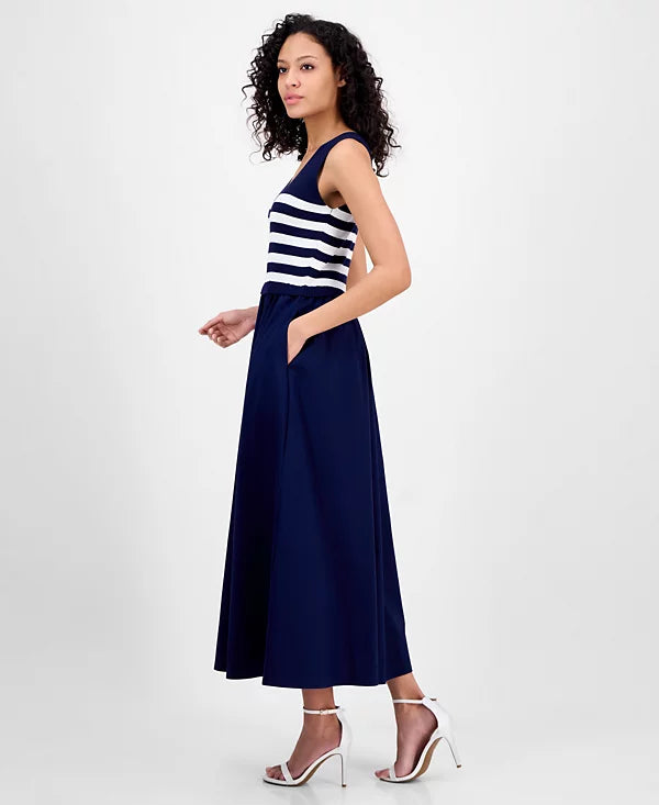 Taylor Women's Navy V-Neck Sleeveless Mixed-Media Dress | Taylor In Lebanon