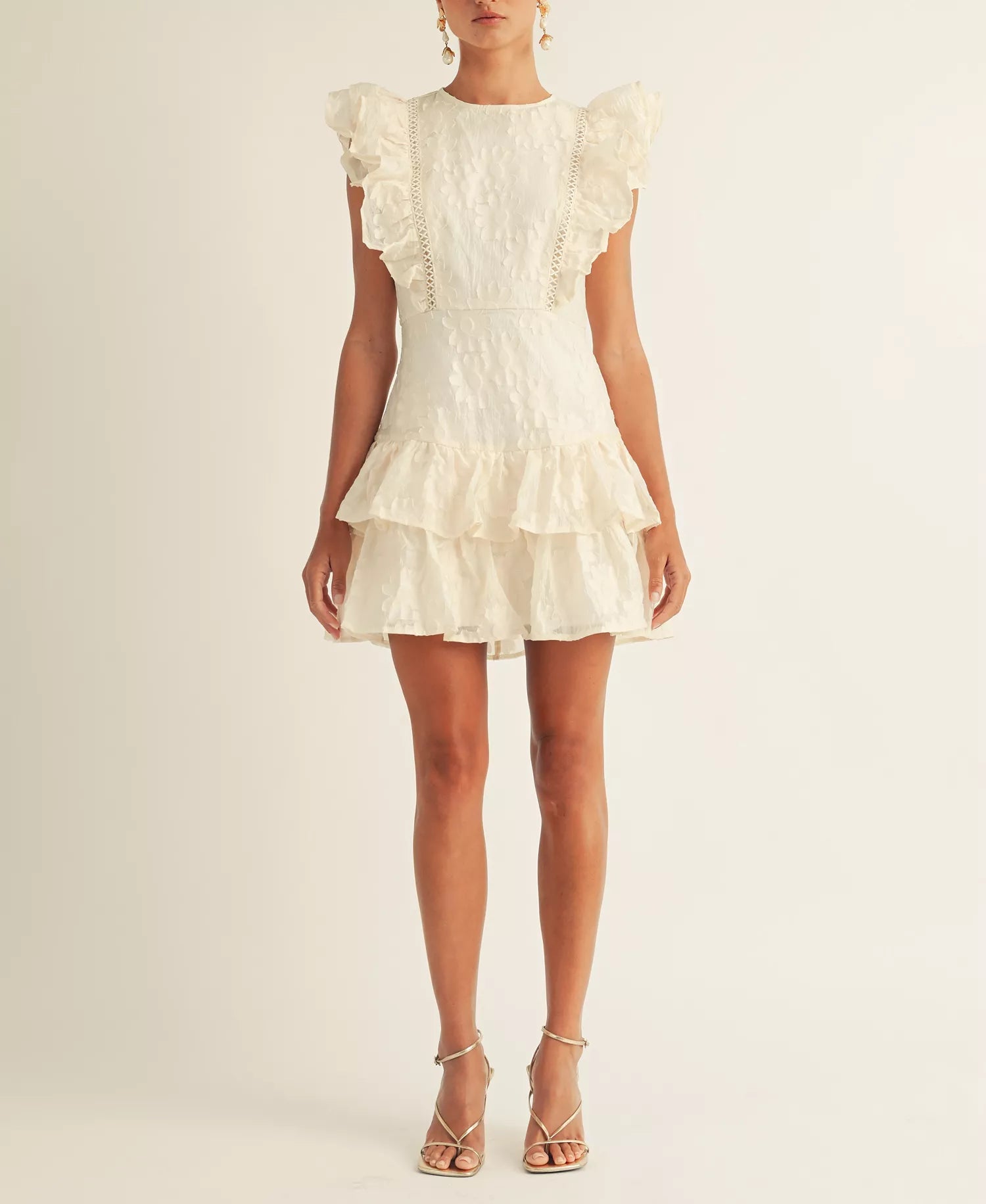 Arose Studio Women's Off White Emily Ruffled Mini Dress | Arose Studio In Lebanon