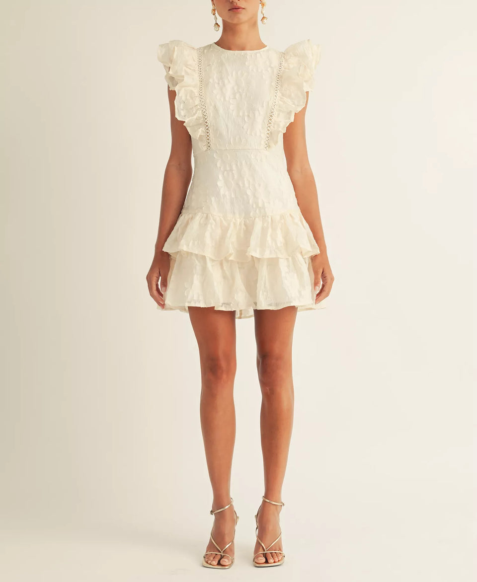 Arose Studio Women's Off White Emily Ruffled Mini Dress | Arose Studio In Lebanon