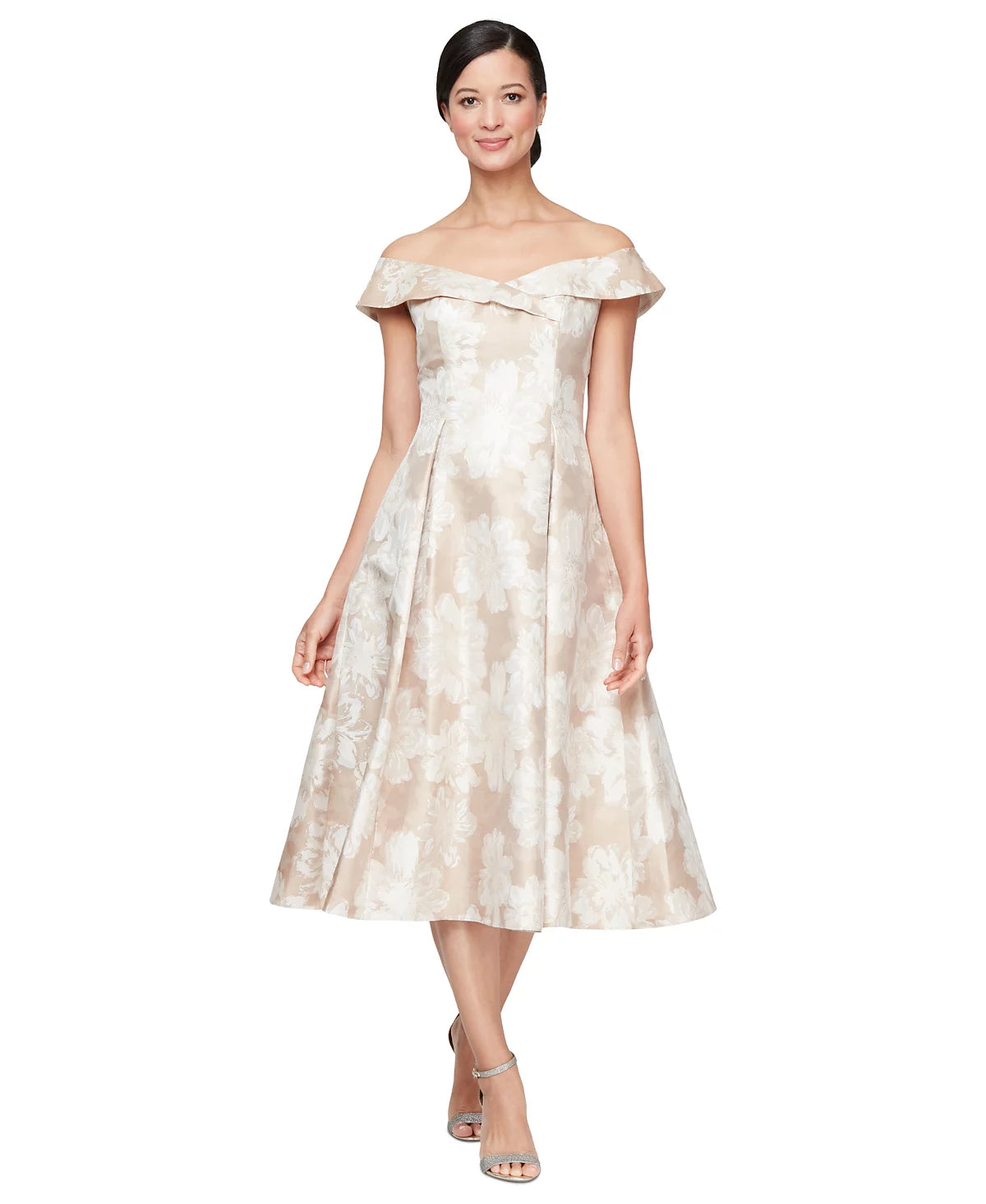Alex Evenings Women's Beige Jacquard Off-The-Shoulder Dress | Alex Evenings In Lebanon