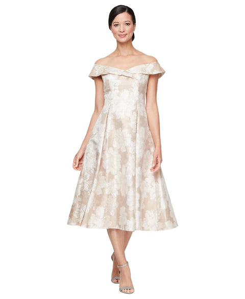 Alex Evenings Women's Beige Jacquard Off-The-Shoulder Dress | Alex Evenings In Lebanon