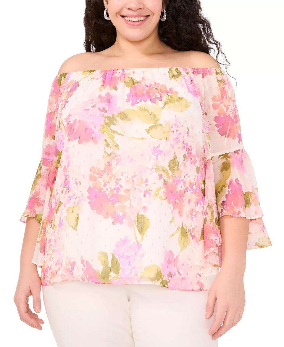 MSK Women's Multicolor Plus Size Printed Off-The-Shoulder Chiffon Blouse