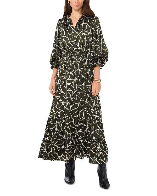 Vince Camuto Women's Dark Green Printed Smocked-Waist Maxi Dress | Vince Camuto In Lebanon