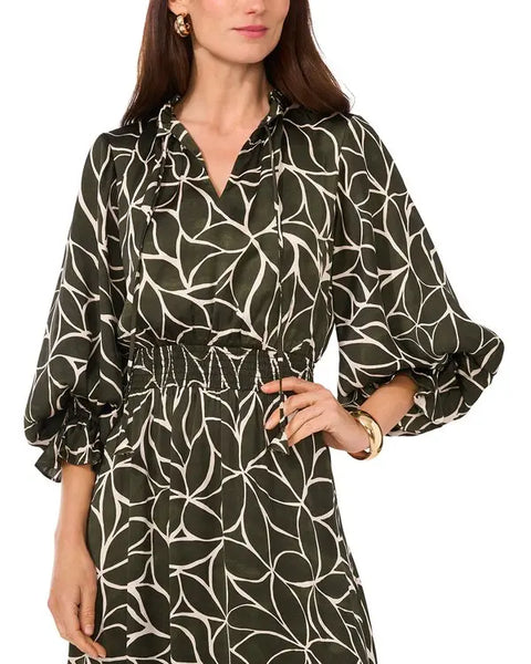 Vince Camuto Women's Dark Green Printed Smocked-Waist Maxi Dress | Vince Camuto In Lebanon