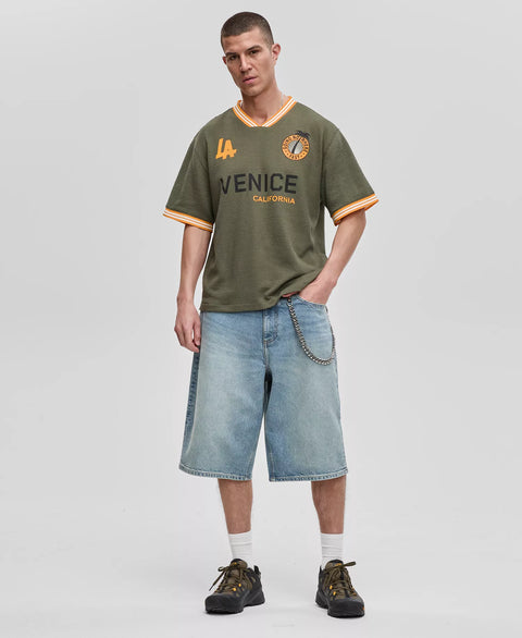 Mode of One Men's Olive Green & Orange Relaxed Fit Short Sleeve Waffle-Knit Logo T-Shirt|Mode of One In Lebanon