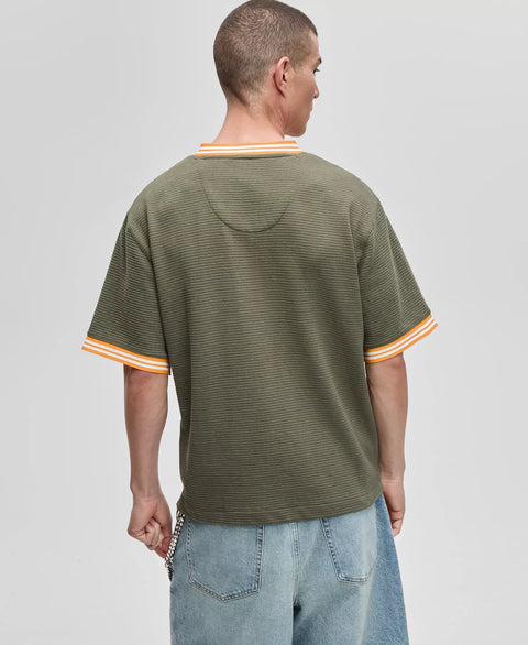 Mode of One Men's Olive Green & Orange Relaxed Fit Short Sleeve Waffle-Knit Logo T-Shirt|Mode of One In Lebanon