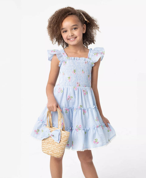 Rare Editions Girl's Blue Floral Schiffli Seersucker Dress | Rare Editions In Lebanon