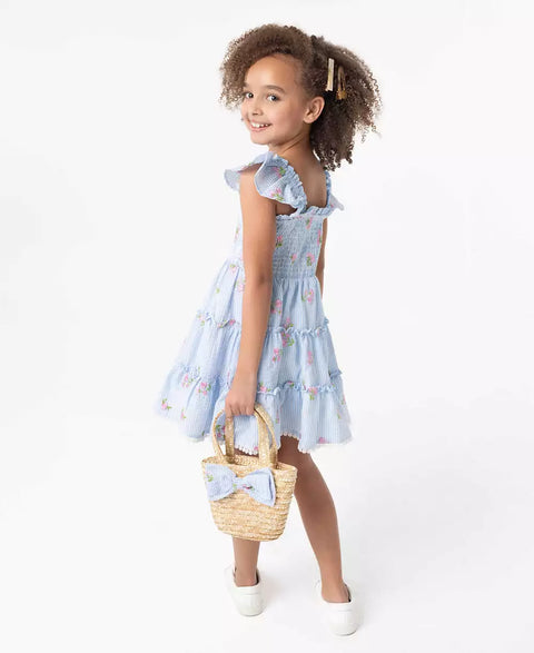 Rare Editions Girl's Blue Floral Schiffli Seersucker Dress | Rare Editions In Lebanon
