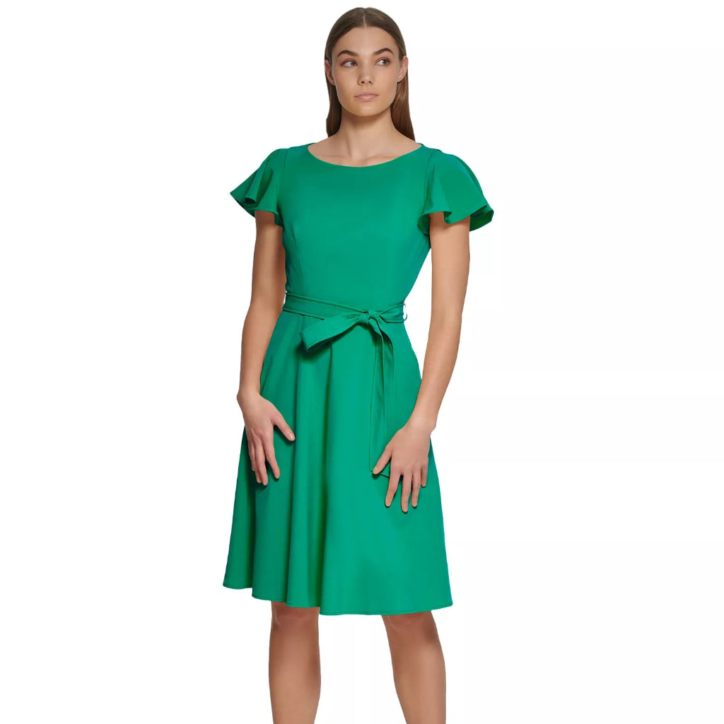 Calvin Klein Women's Green Flutter-Sleeve Tie-Waist Dress