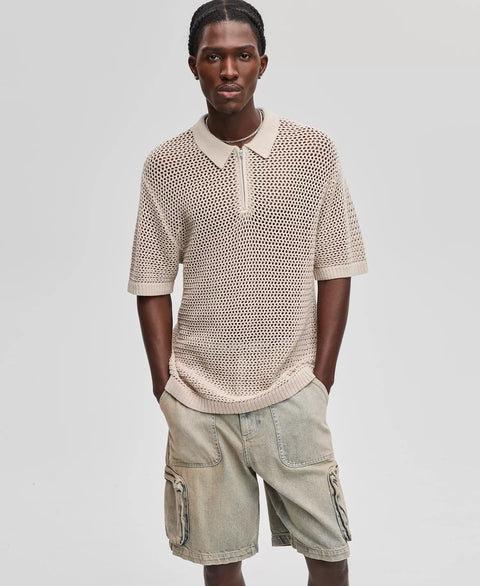 Mode of One Men's Dark Ecru Polo-Collar Open-Stitch Short-Sleeve Sweater | Mode of One In Lebanon