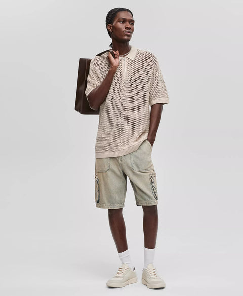 Mode of One Men's Dark Ecru Polo-Collar Open-Stitch Short-Sleeve Sweater | Mode of One In Lebanon