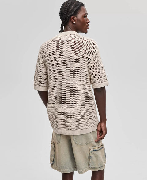 Mode of One Men's Dark Ecru Polo-Collar Open-Stitch Short-Sleeve Sweater | Mode of One In Lebanon