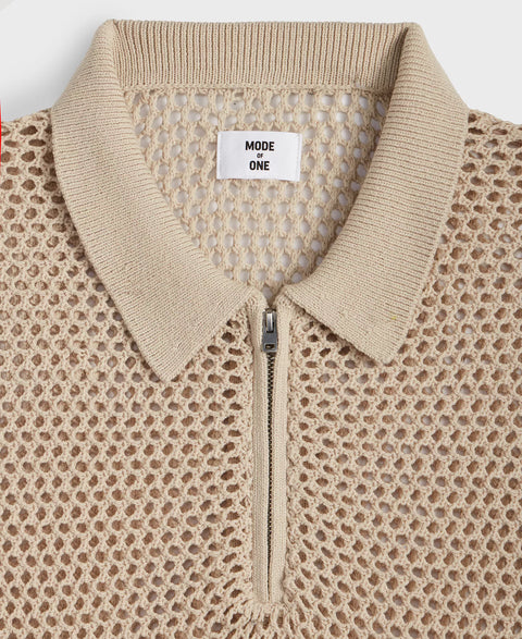 Mode of One Men's Dark Ecru Polo-Collar Open-Stitch Short-Sleeve Sweater | Mode of One In Lebanon