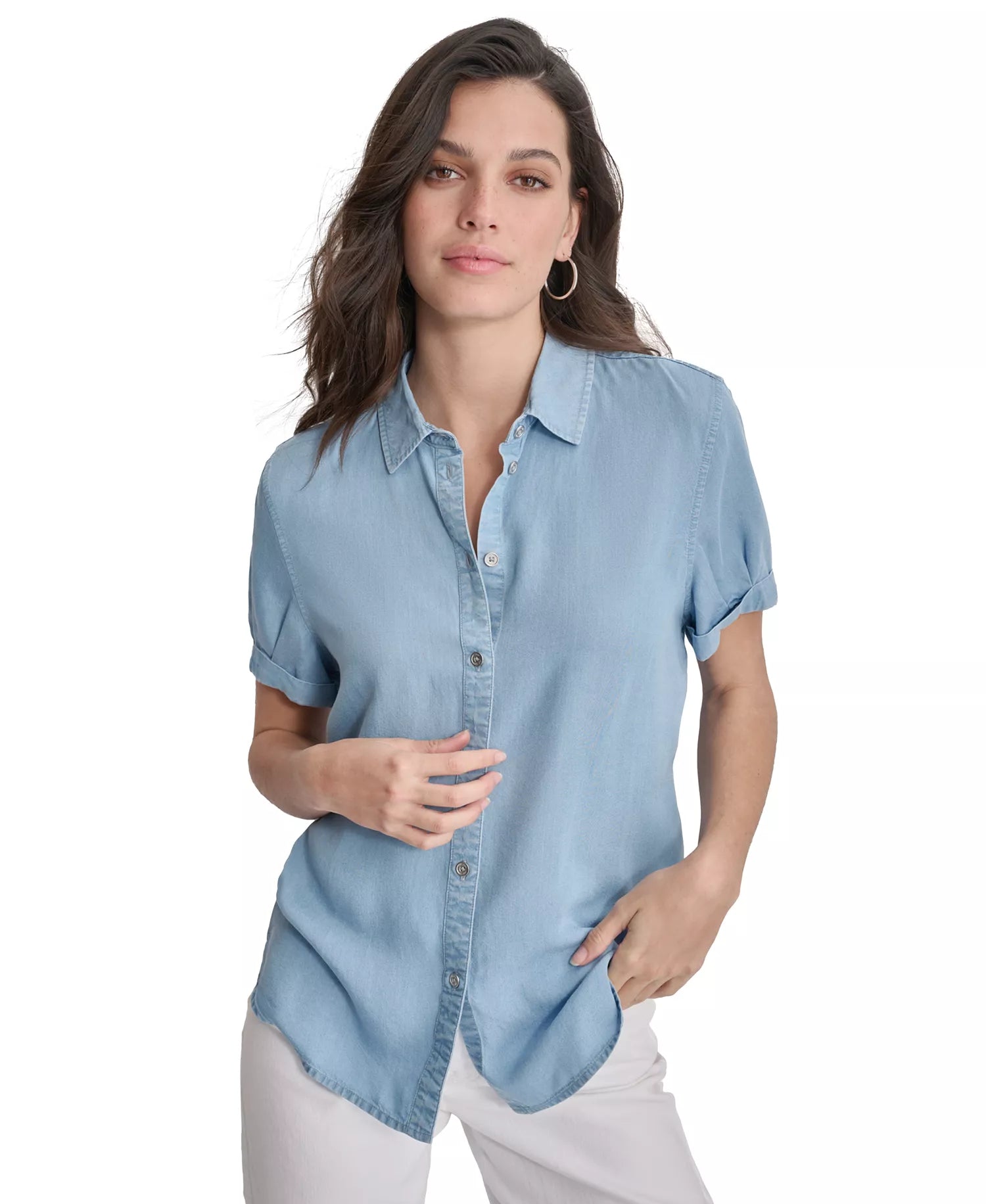 DKNY Jeans Women's Light Blue Petite Rolled Short-Sleeve Button-Up Shirt | DKNY Jeans In Lebanon
