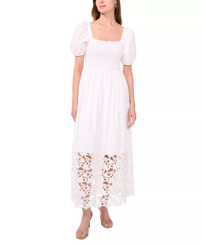 CeCe Women's White Cotton Lace Smocked Midi Dress | CeCe In Lebanon