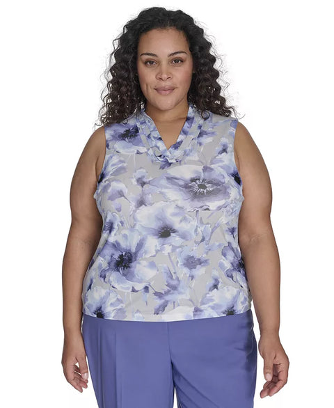 Calvin Klein Women's Blue Plus Size Printed V-Neck Sleeveless Blouse | Calvin Klein In Lebanon