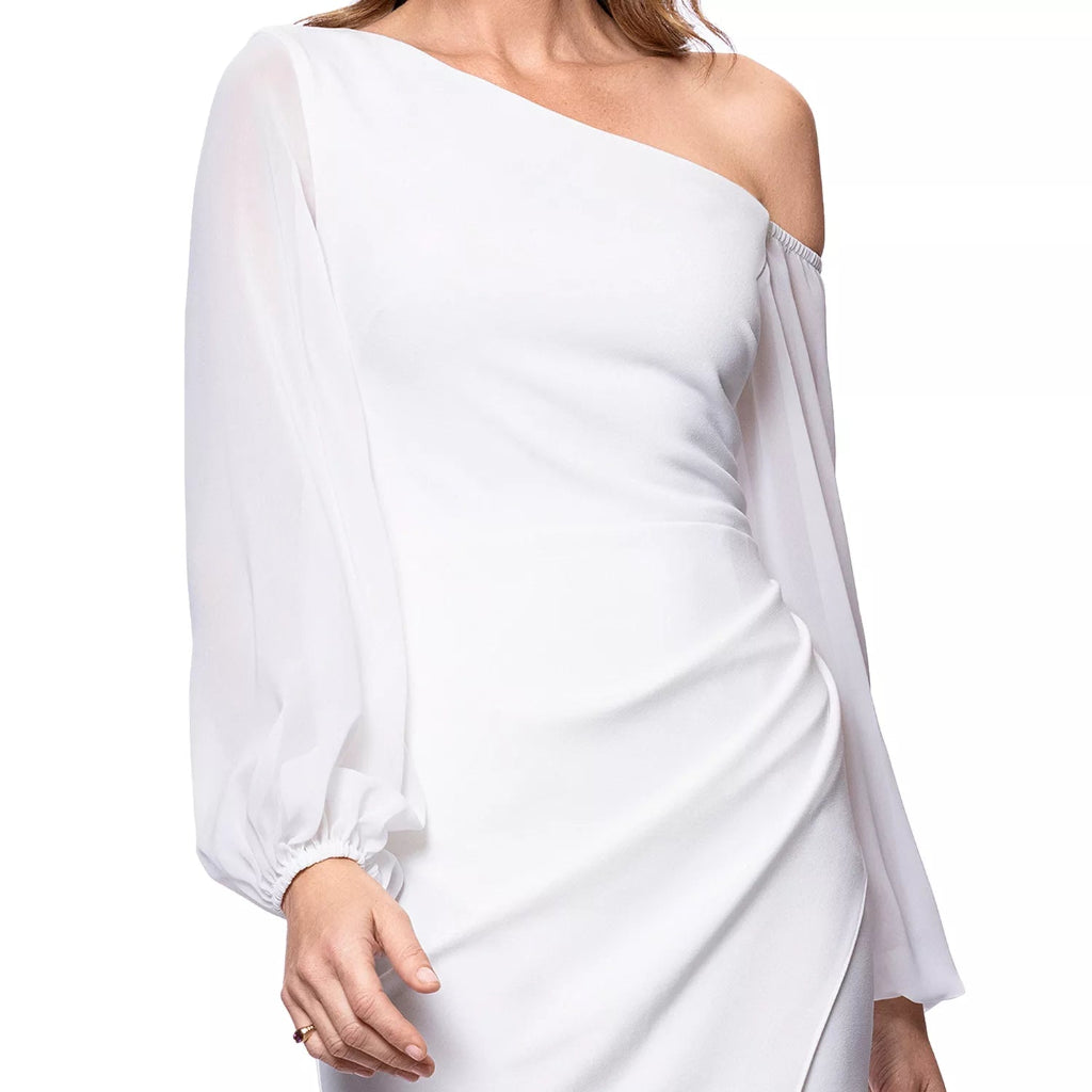 Betsy & Adam Women's White Asymmetric-Neck Sheer-Sleeve Dress