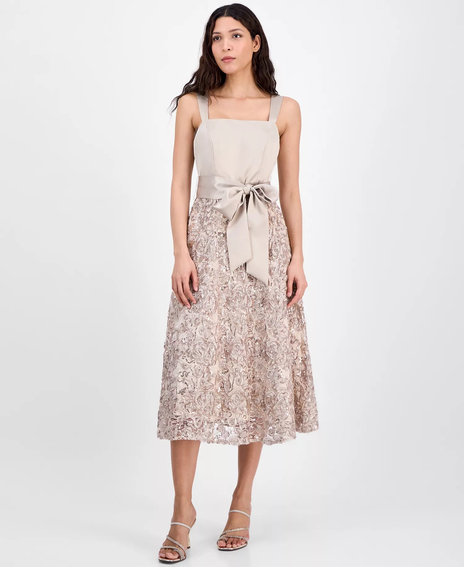 Tahari ASL Women's Beige Satin & Soutache Sequin Maxi Dress | Tahari ASL In Lebanon