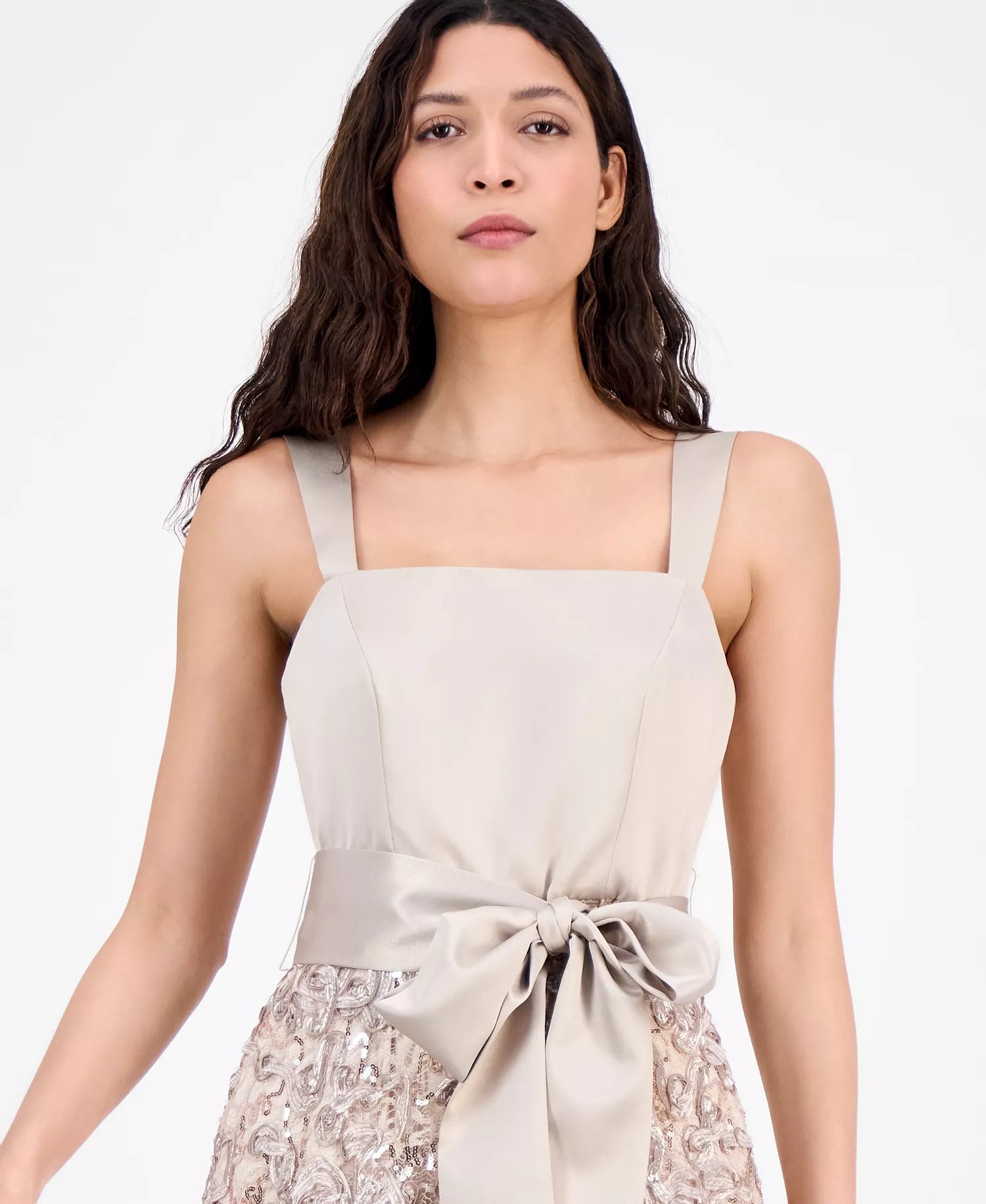 Tahari ASL Women's Beige Satin & Soutache Sequin Maxi Dress | Tahari ASL In Lebanon