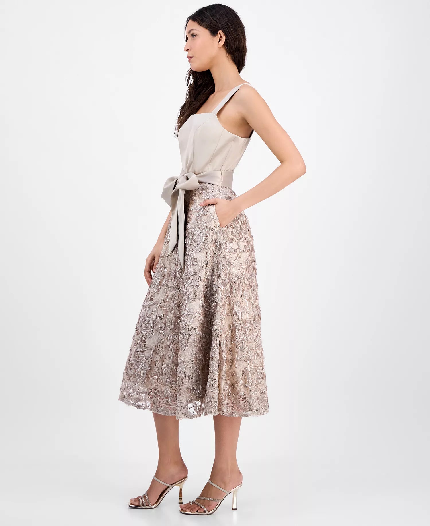 Tahari ASL Women's Beige Satin & Soutache Sequin Maxi Dress | Tahari ASL In Lebanon