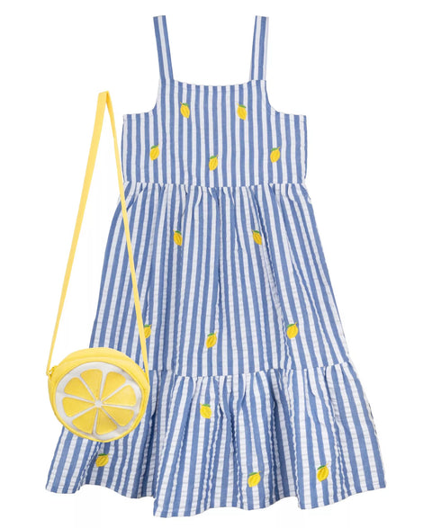 Rare Editions Girl's Blue Lemon Seersucker Midi Dress | Rare Editions In Lebanon