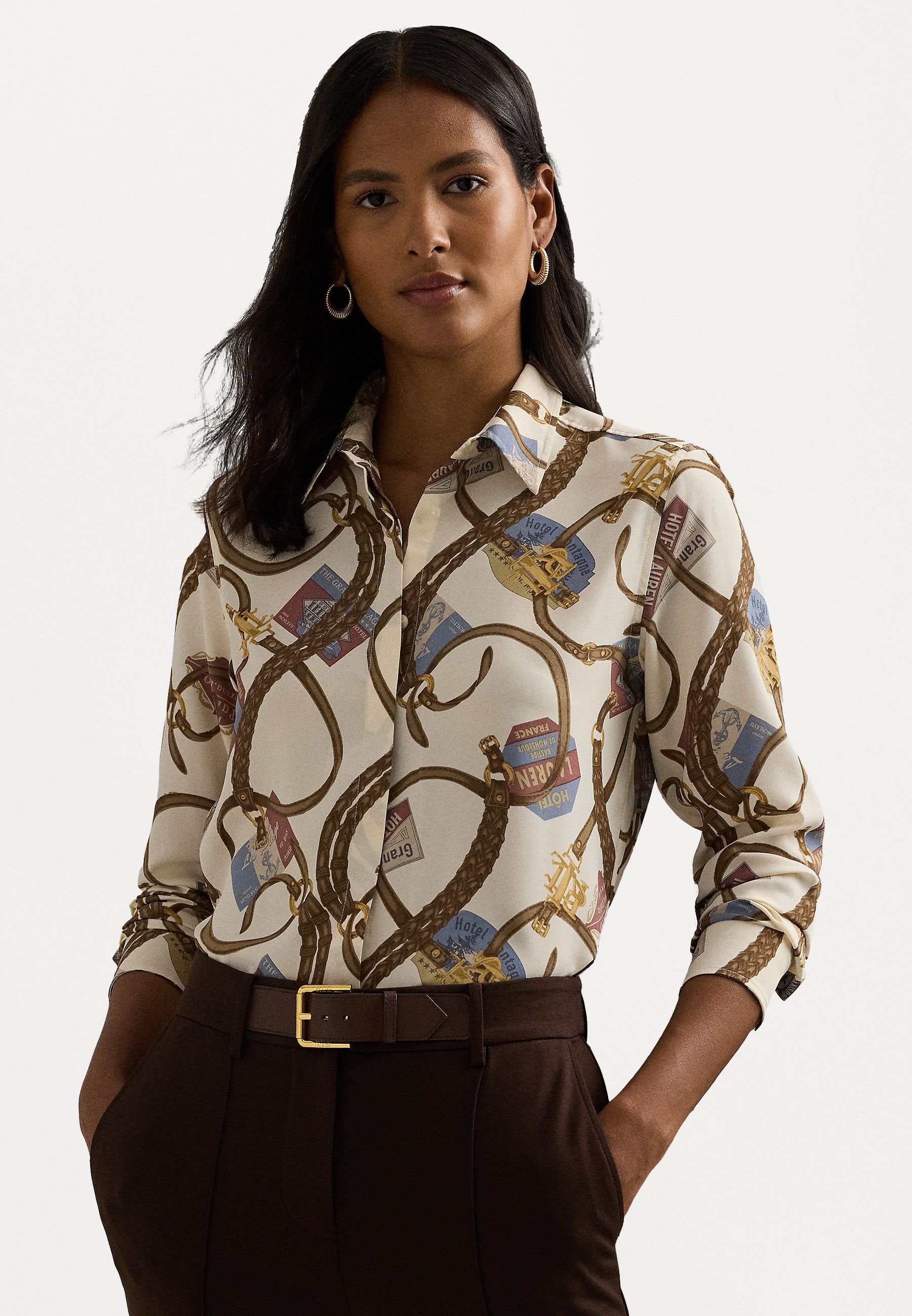 Lauren Ralph Lauren Women's Beige Classic Fit Belting Print Button Down Crepe Shirt | Lauren Ralph Lauren In Lebanon