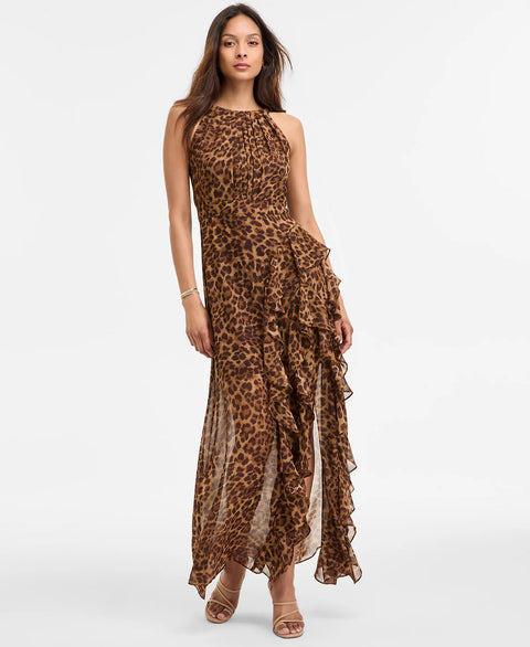 Betsy & Adam Women's Brown Printed Sheath Chiffon Halter Dress | Betsy & Adam In Lebanon