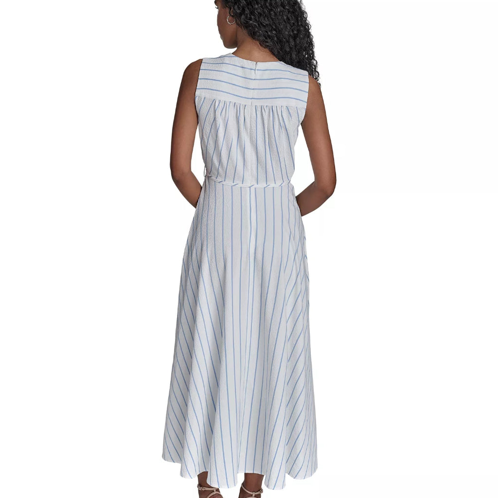 Calvin Klein Women's White & Blue Striped Faux-Wrap Maxi Dress