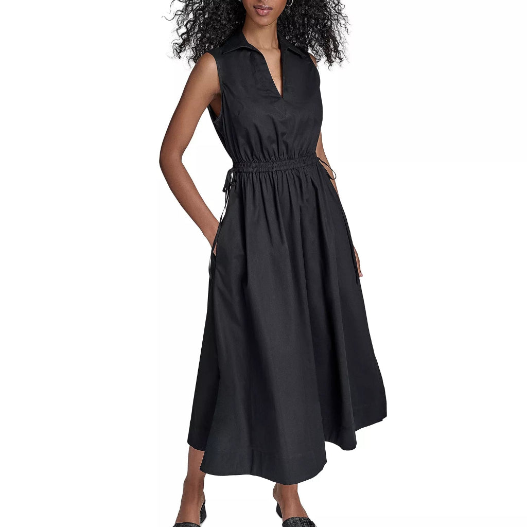 Calvin Klein Women's Black Cotton Drawstring Sleeveless Midi Dress