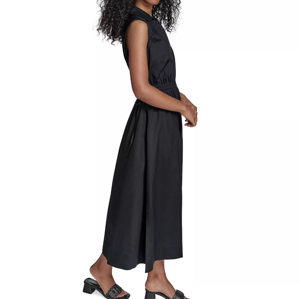 Calvin Klein Women's Black Cotton Drawstring Sleeveless Midi Dress