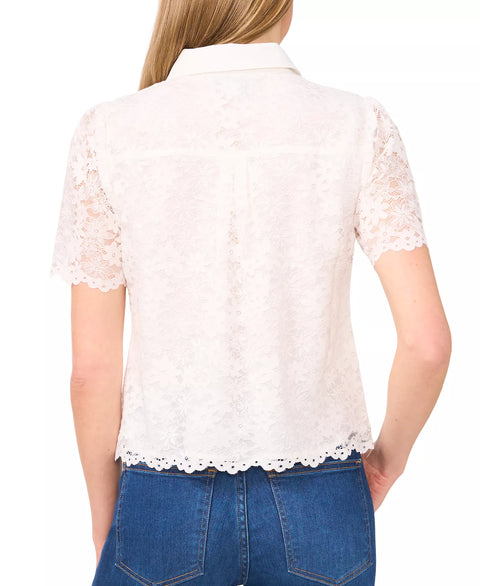 CeCe Women's White Lace Short-Sleeve Botton Blouse | CeCe in Lebanon