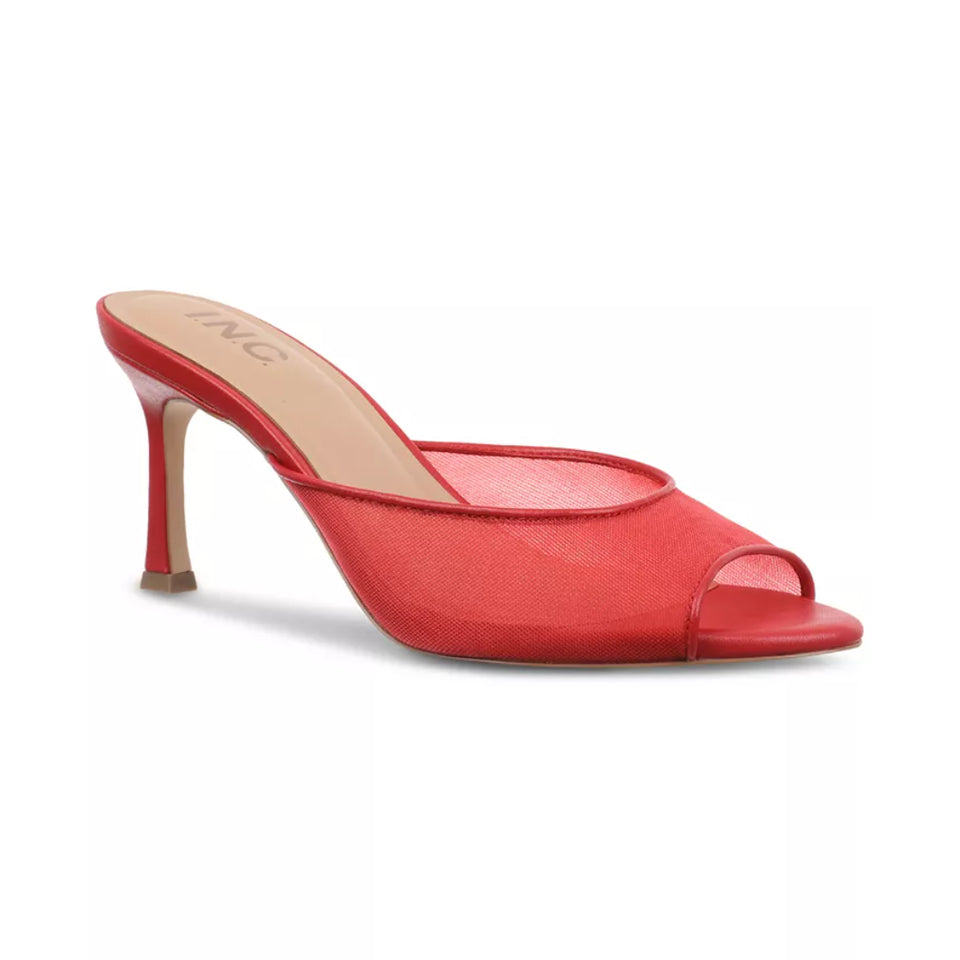 A red open-toe high-heeled mule sandal with a slim stiletto heel, shown from a side profile on a white background.