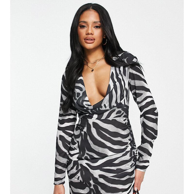 ASYOU Women's Zebra Satin Long-Sleeve Dress ANF2715