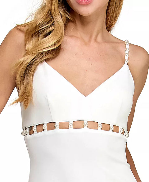 Seni & Cade Women's White V-Neck Pearl Detailed Dress | Seni & Cade In Lebanon