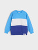 Blue and white striped sweatshirt on a light gray background