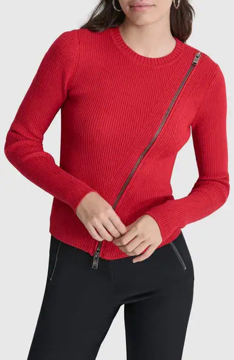 DKNY Women's Red Ribbed Asymmetrical Zip Detail Blouse | DKNY In Lebanon