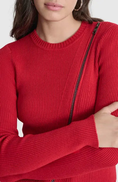 DKNY Women's Red Ribbed Asymmetrical Zip Detail Blouse | DKNY In Lebanon