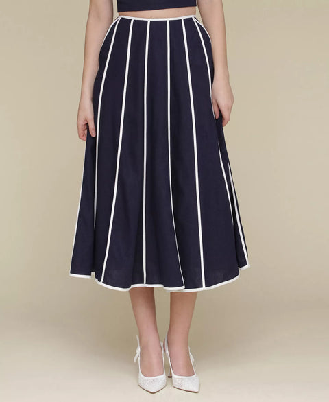 Avec Les Filles Women's Navy Contrast-Trim Linen-Blend Midi Skirt | Avec Les Filles In Lebanon