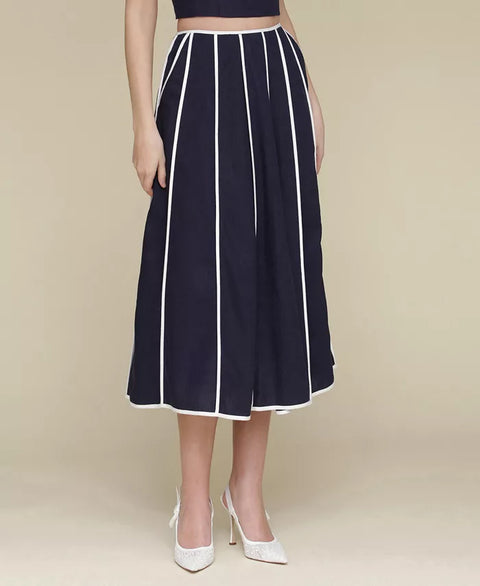 Avec Les Filles Women's Navy Contrast-Trim Linen-Blend Midi Skirt | Avec Les Filles In Lebanon