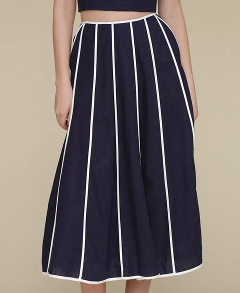 Avec Les Filles Women's Navy Contrast-Trim Linen-Blend Midi Skirt | Avec Les Filles In Lebanon