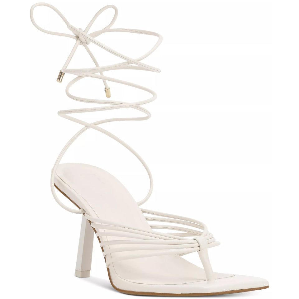 A single white leather high-heeled sandal with a pointed toe, thin wrap-around straps, and a wraparound ankle strap tied in a bow, shown on a plain white background.