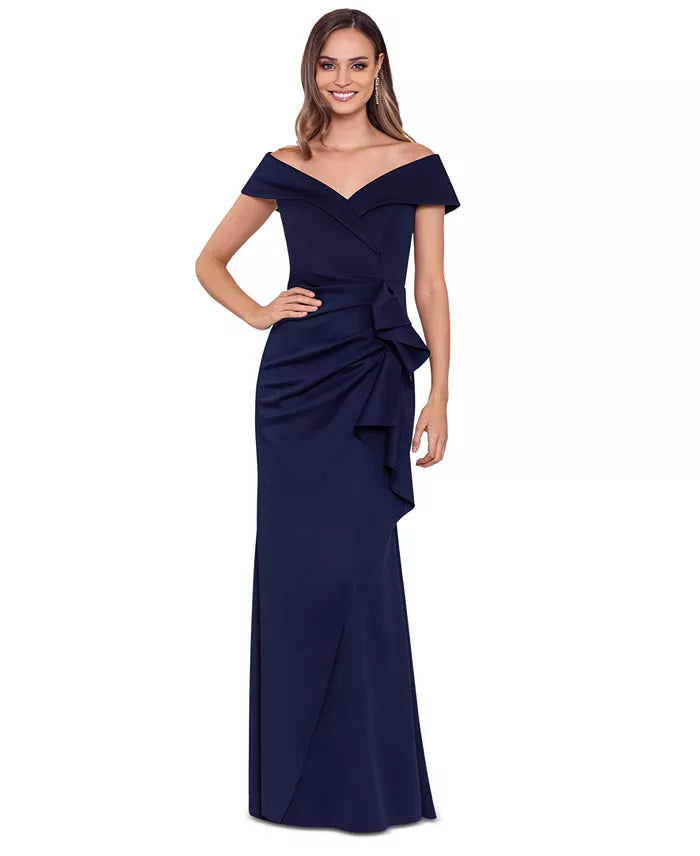Xscape Women's Navy Evenings Patti Off the Shoulder Techno Scuba Dress | Xscape In Lebanon