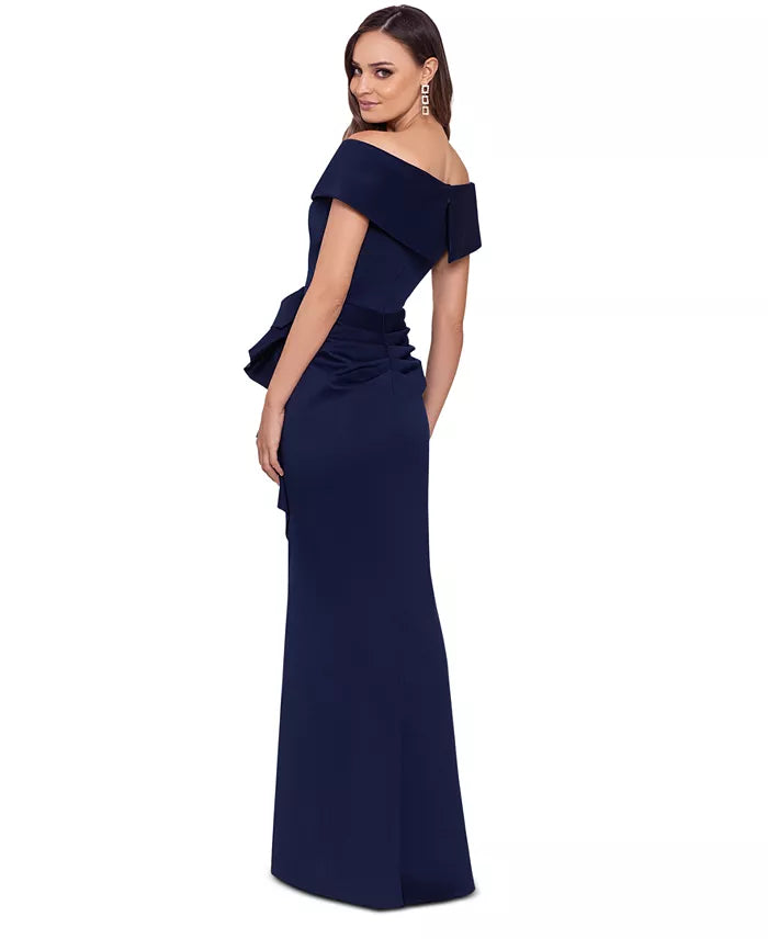 Xscape Women's Navy Evenings Patti Off the Shoulder Techno Scuba Dress | Xscape In Lebanon