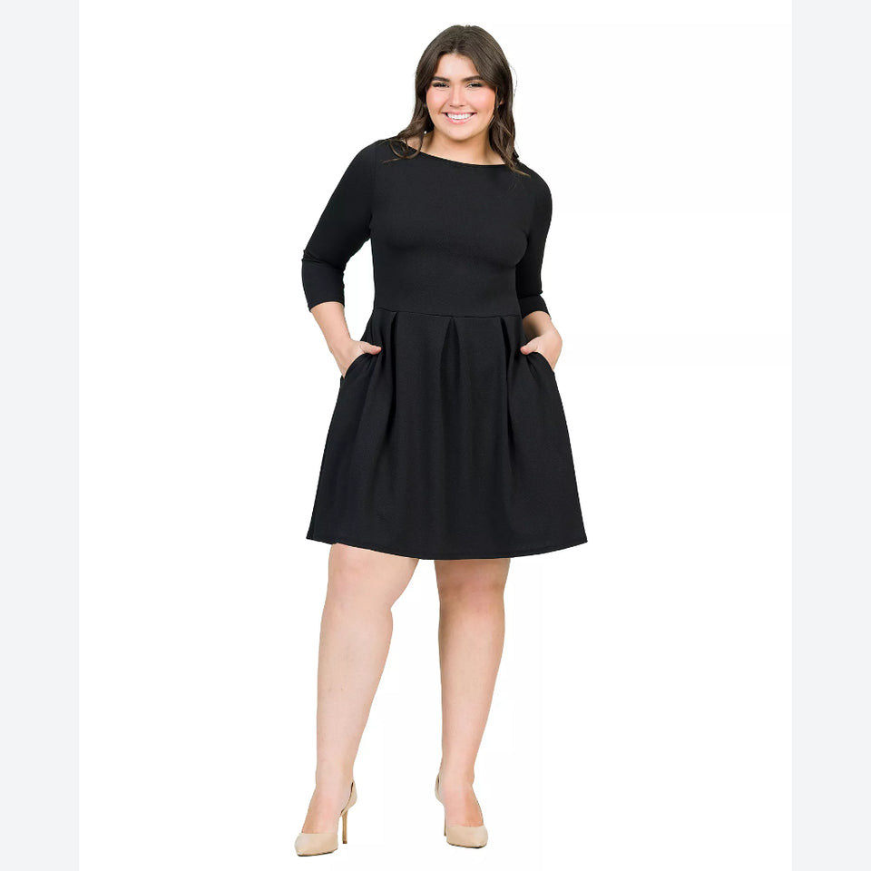 24 Seven Comfort Apparel Women's Black Boat Neck Fit and Flare Dress